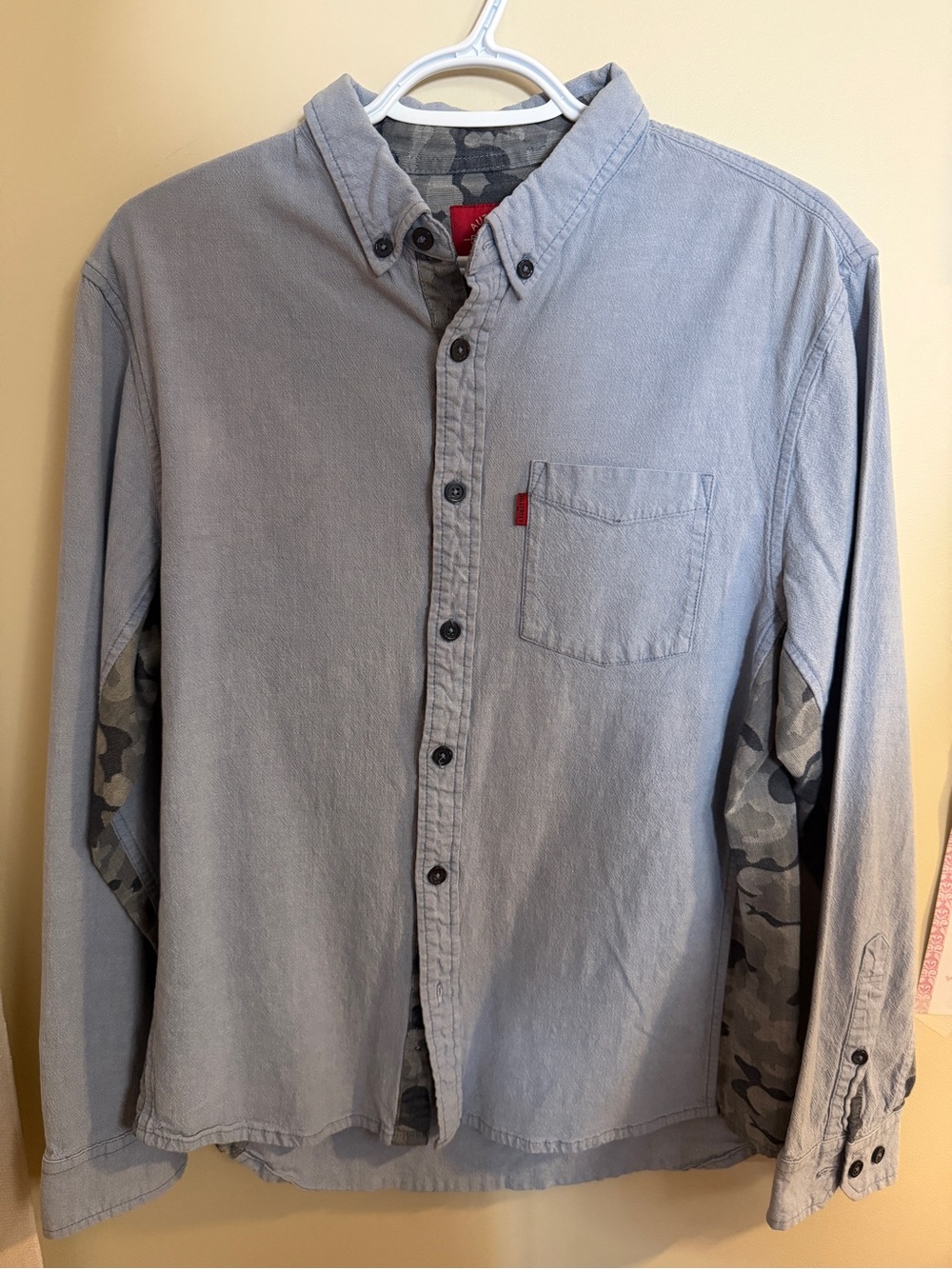 Light Gray Button-Down Men's Shirt with Camo Accent